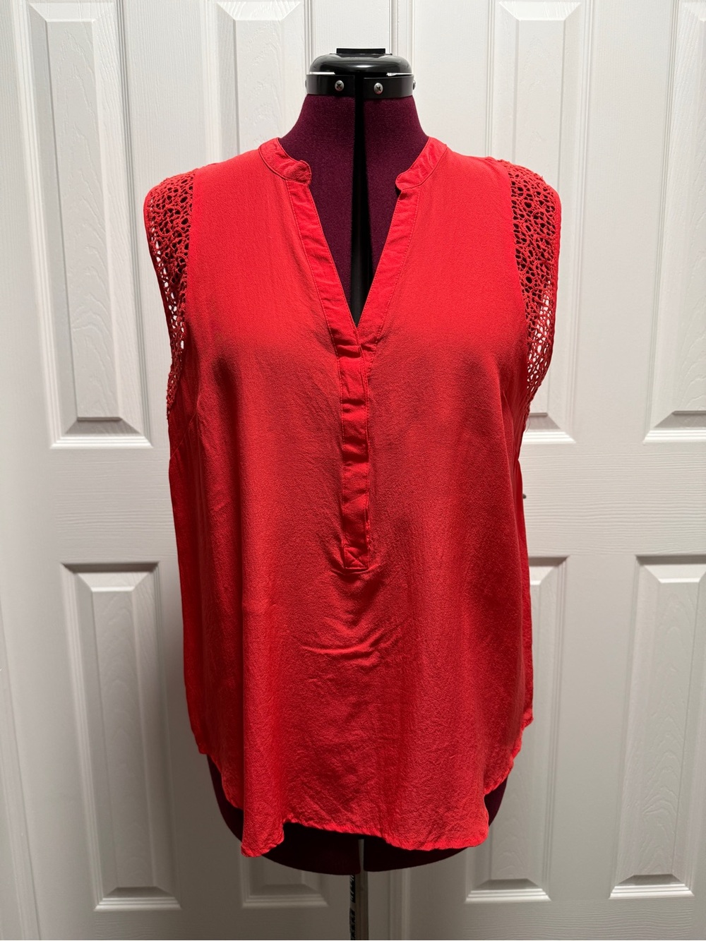 Daniel Rainn Sleeveless Silk V-Neck Crochet-Trim Blouse, Red-ish Orange